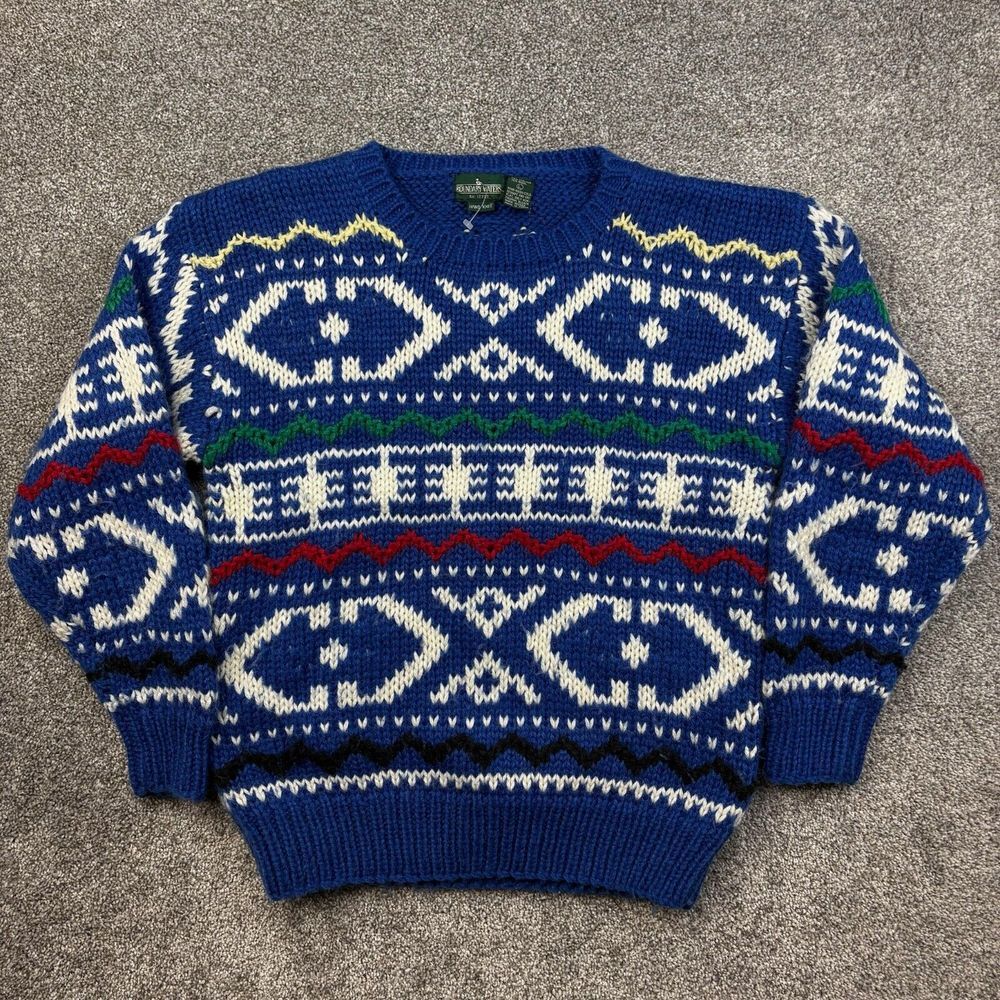 Vintage Boundary Waters Sweater Womens Large Blue Hand Knit Wool Blend Geometric